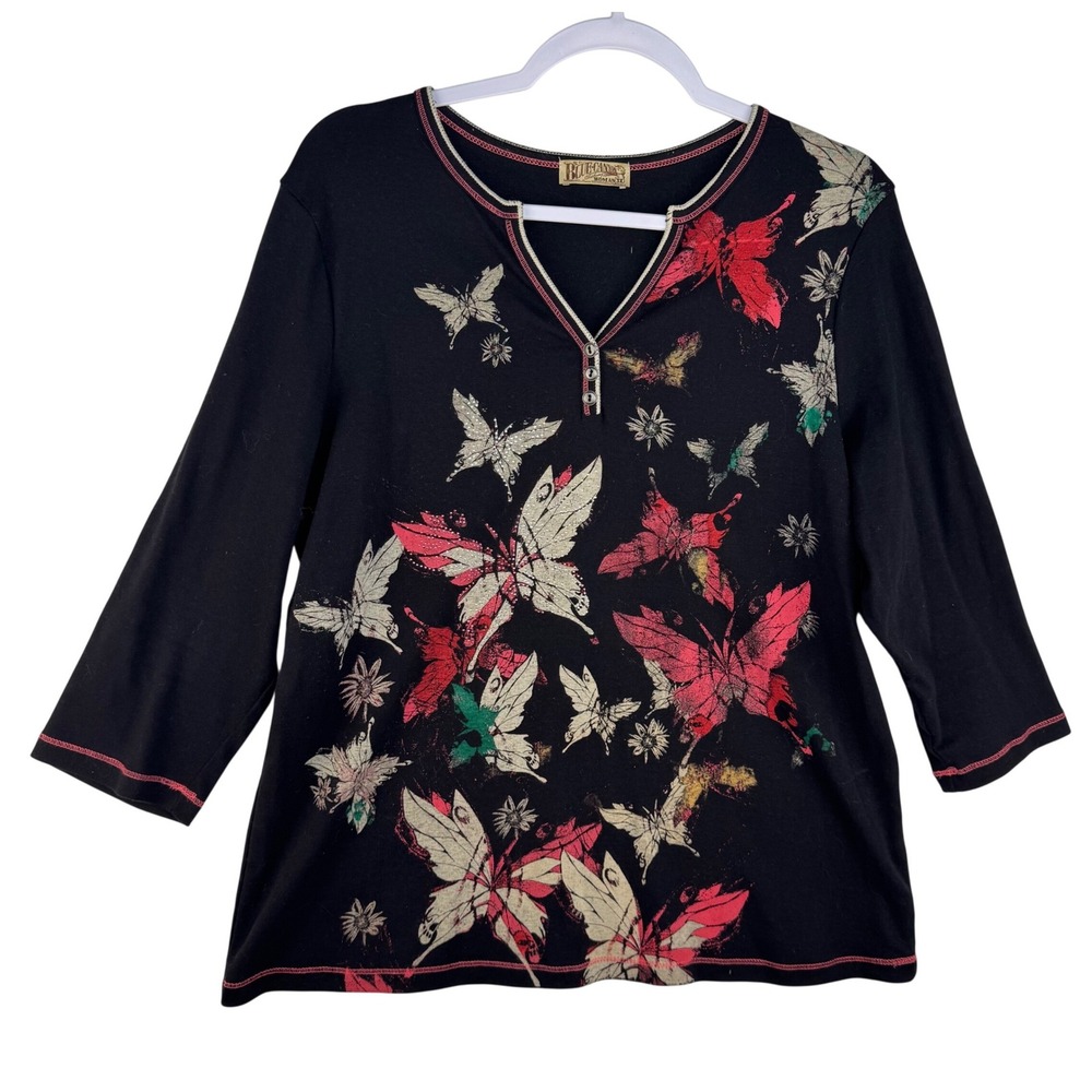 Blue Canyon Clothing Butterfly Floral Split Neck Cotton Top Black Plus 1X USA
